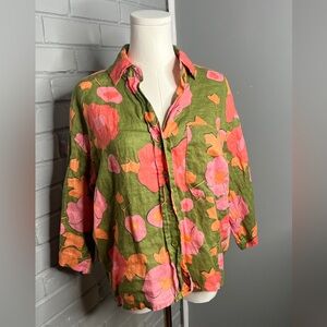 Magaschoni Olive Green Linen Shirt with Pink & Orange Floral Print Size S/P